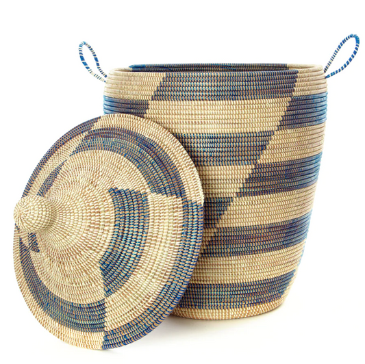 Blue & Cream African Tribal Mixed 3-Piece Hamper Basket Set