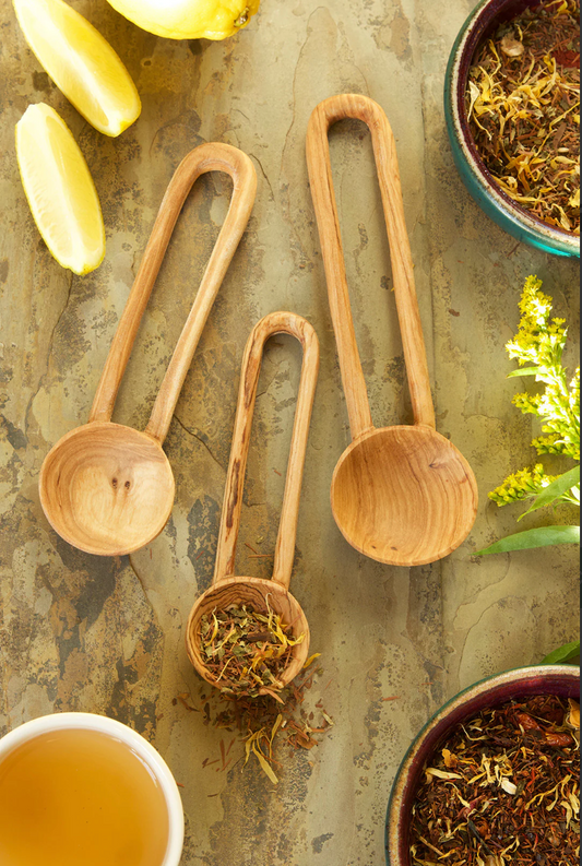 Set of Three Wild Olive Wood Loop Handle Serving Spoons