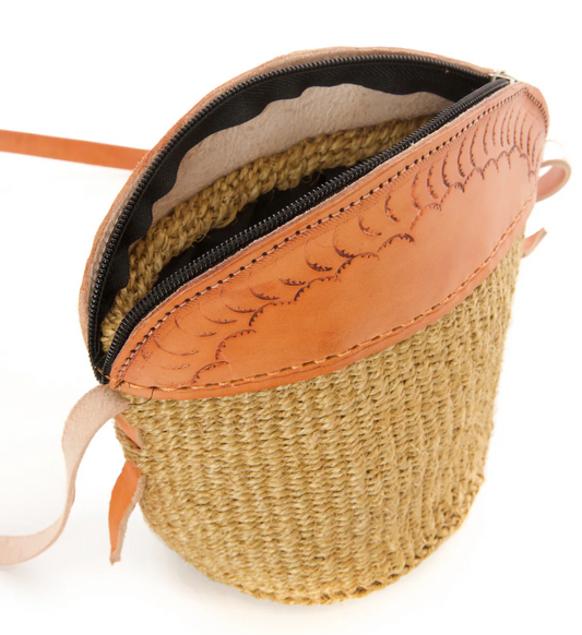Khaki Sisal & Leather Petite Zippered Purse from Kenya