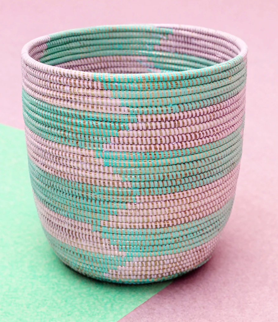 Blue and Pink Herringbone Storage Basket from Senegal