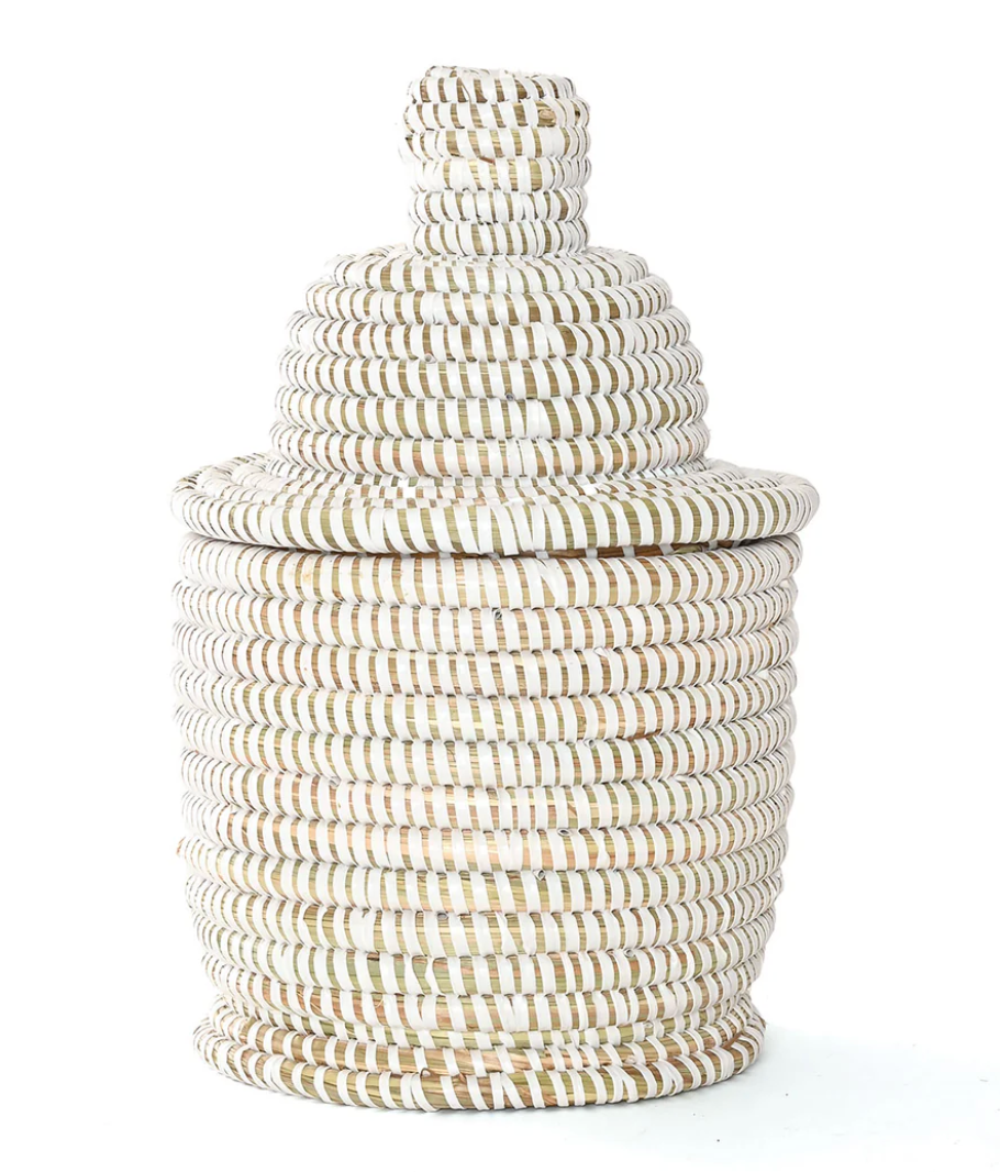 Small White Lidded Tower Basket from Senegal