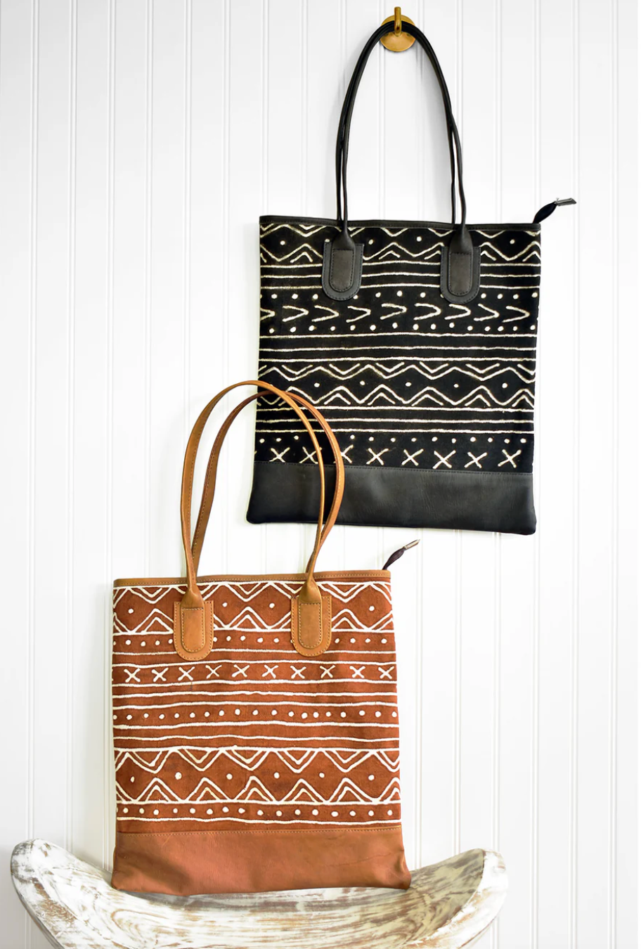 Brown and White Mudcloth Leather Bag from Mali