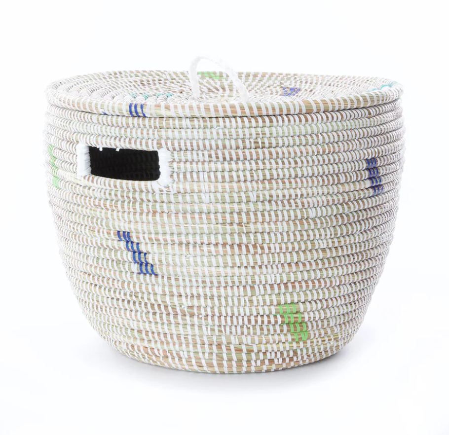 Set of 2 Green and Blue Dash Nesting Lidded Baskets from Senegal