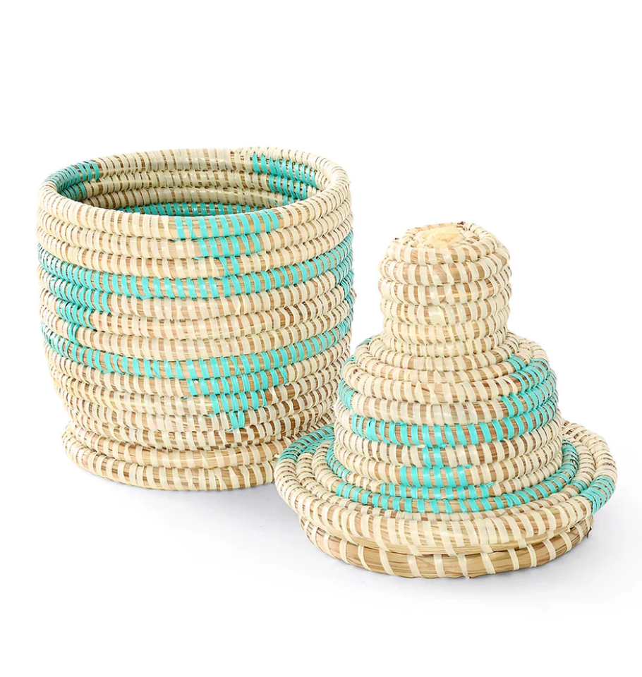 Small Cream and Blue Lidded Tower Basket from Senegal