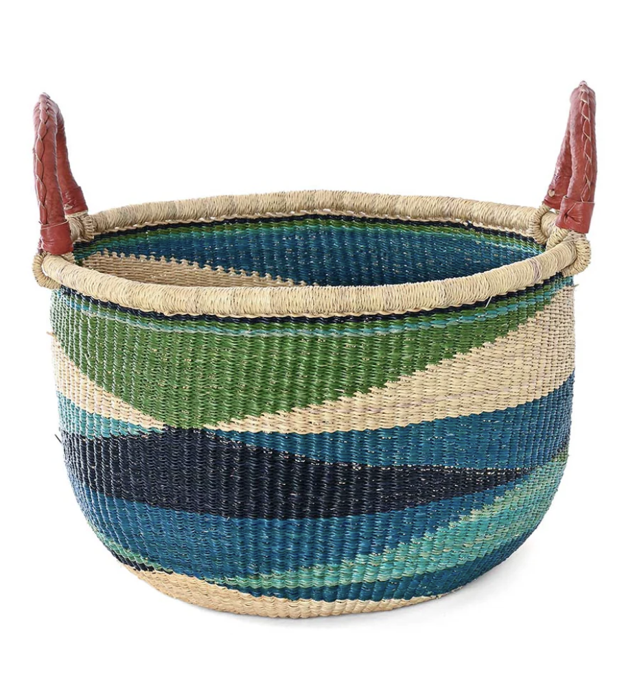 Blue and Green Triangle Patterned Bolga Basket from Ghana