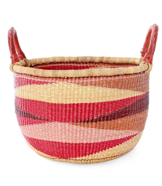 Red and Pink Triangle Patterned Bolga Basket from Ghana