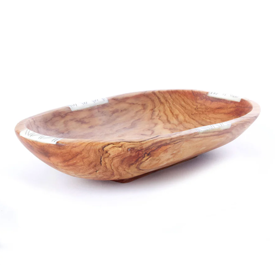 Wild Olive Wood Serving Bowl with Striped Bone Inlay from Kenya