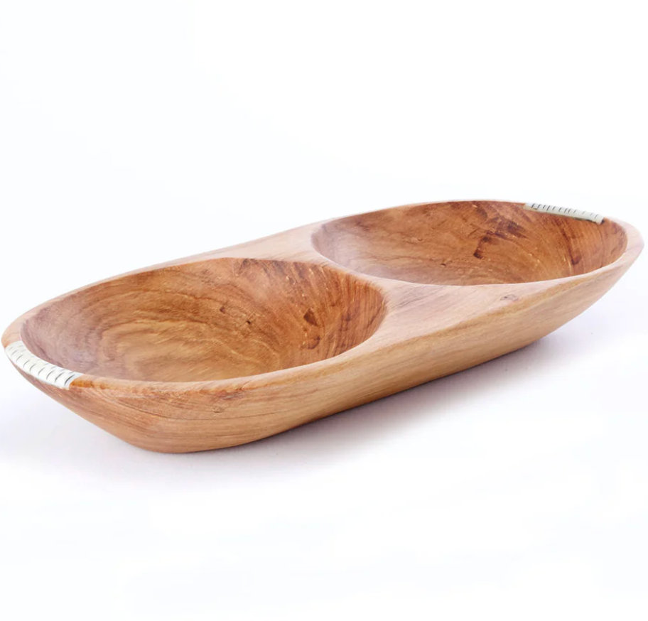 Wild Olive Wood Double Serving Bowl with Bone Inlay from Kenya