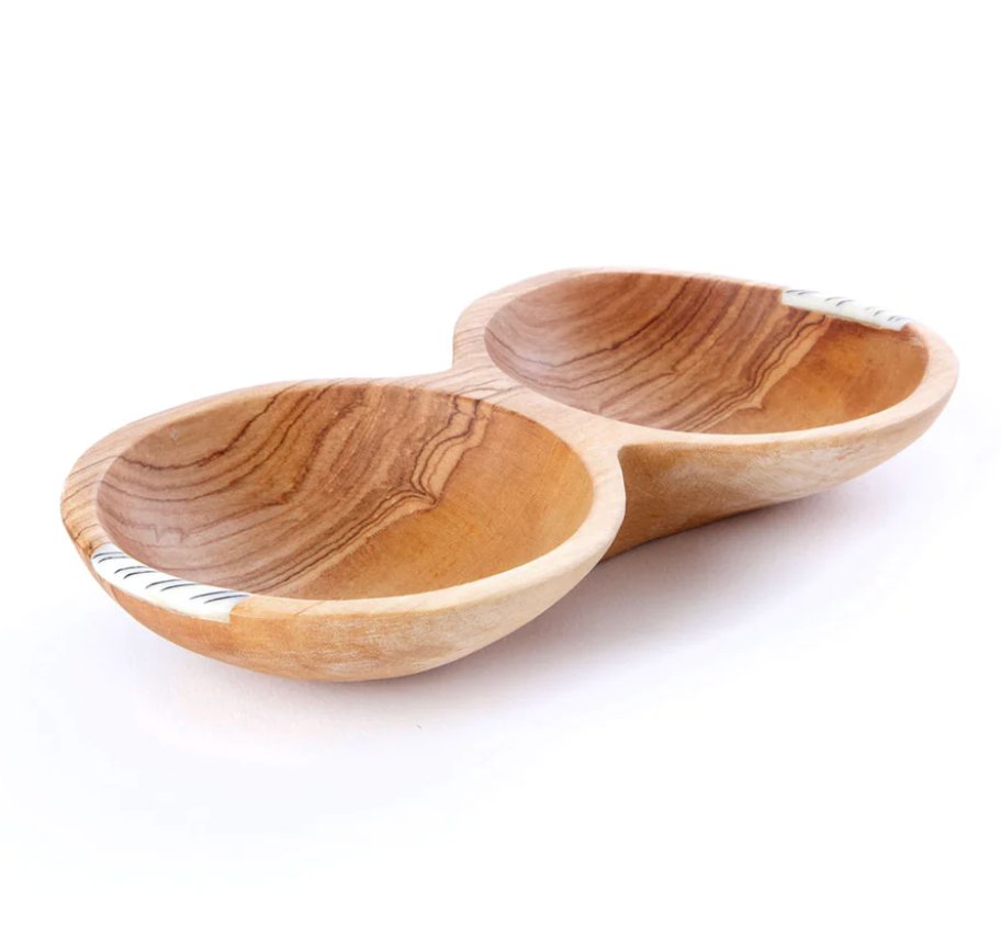 Wild Olive Wood Double Round Serving Bowl with Bone Inlay from Kenya