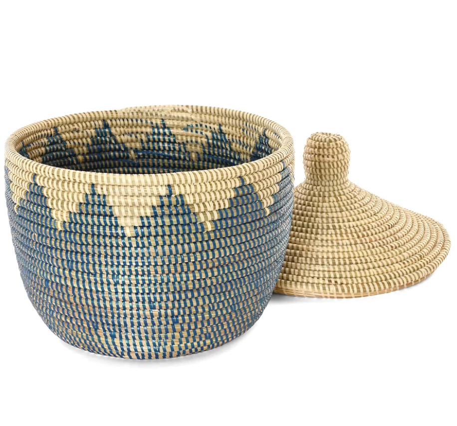Blue and Cream Lidded Warming Basket from Senegal