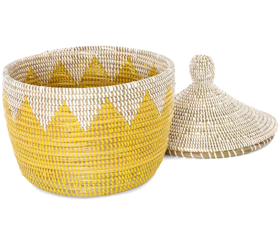 White and Yellow Lidded Warming Basket from Senegal