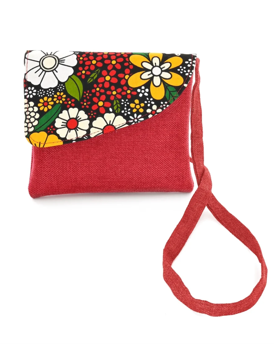 African Print Crossbody Bag in Red Jute from Kenya