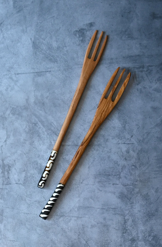 Kenyan Olive Wood Salad Forks with Batik Bone Handles