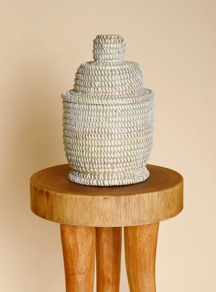 Small White Lidded Tower Basket from Senegal