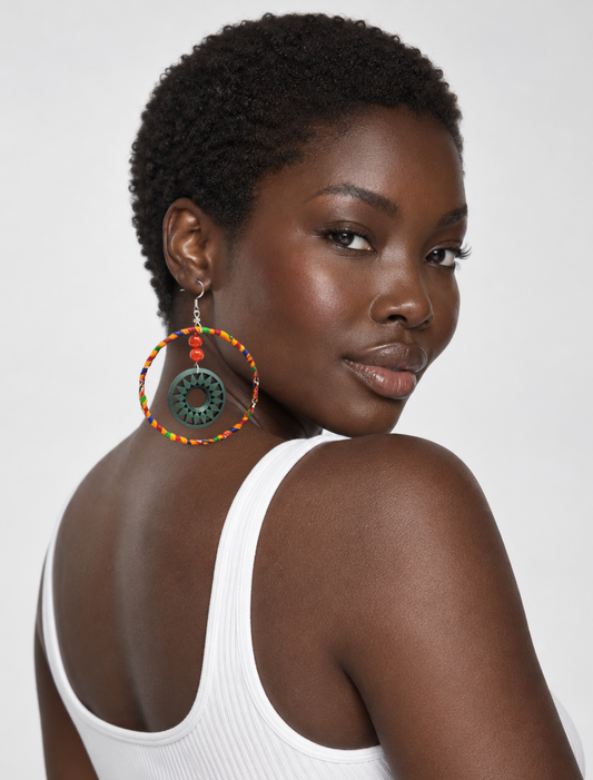 'Addae' Amber Agate Earrings Wrapped in African Kente