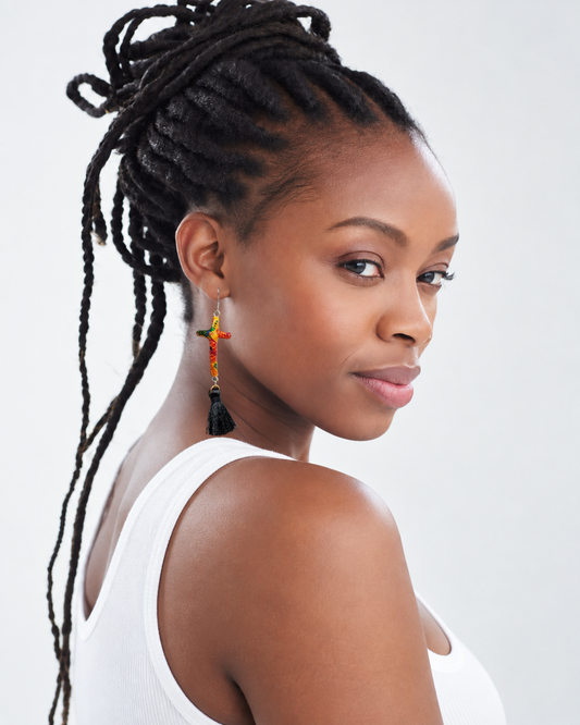 'Ambe' Cross Earrings with Fringe in African Kente