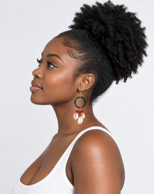 'Asya' Cowrie Shell Gemstone Earrings wrapped in African Fabric with Amber Agate