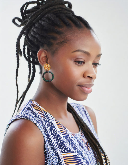 'Ramla' Hand-wrapped African Fabric Hoop Earrings with Rattan Studs