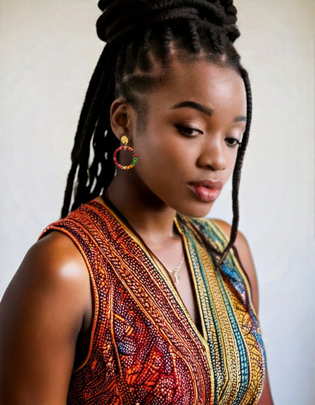 'Naeemah' African Fabric Wrapped Hoop Earrings with Wood Studs