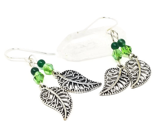 'Jani' Silver Leaf Earrings in Green Glass