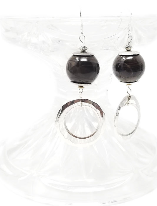 'Binta' Silver Hoop Earrings in Brown Seed