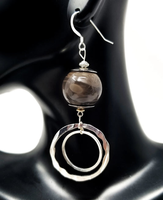 'Binta' Silver Hoop Earrings in Brown Seed