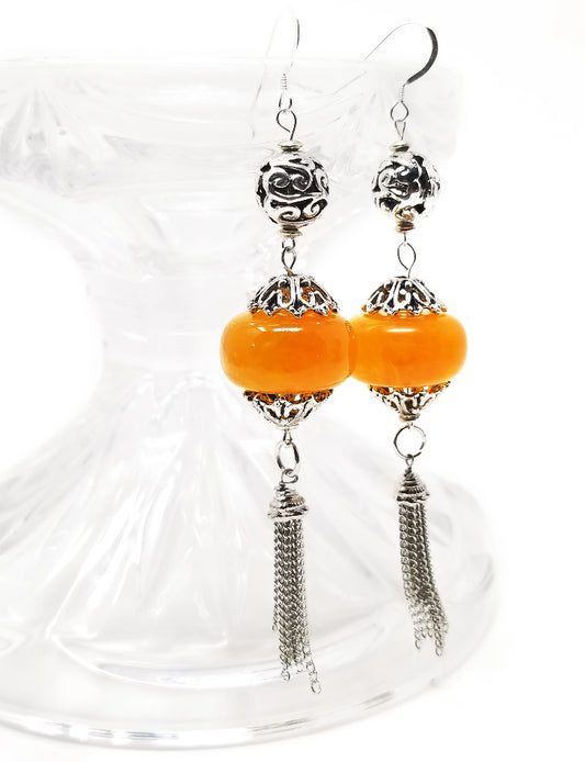 'Kendi' African Amber Tassel Earrings in Sterling Silver