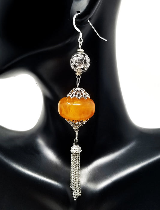 'Kendi' African Amber Tassel Earrings in Sterling Silver