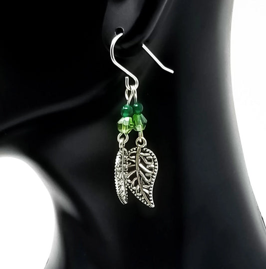 'Jani' Silver Leaf Earrings in Green Glass