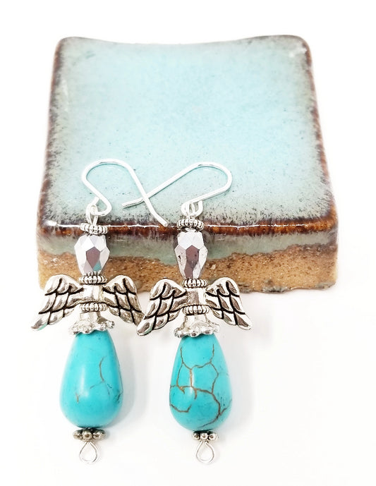 'Malaika' Turquoise Angel Earrings in Silver