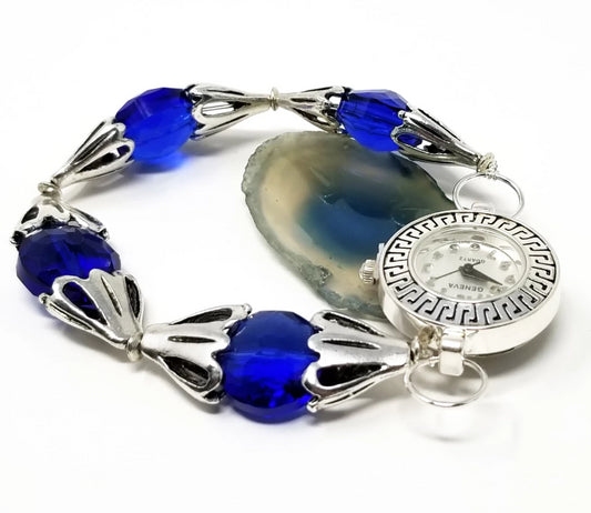 blue and silver handmade beaded watch for women