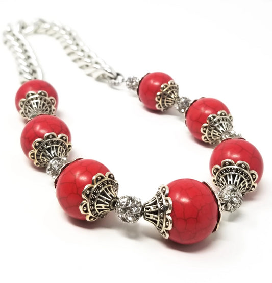 red magnesite gemstone and crystal statement necklace with argentium silver chain for women
