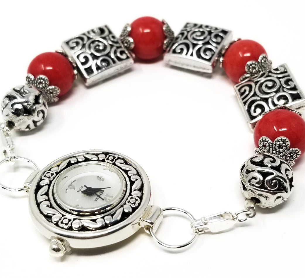 'Nyah' Red Coral Watch with Silver Tribal Accents