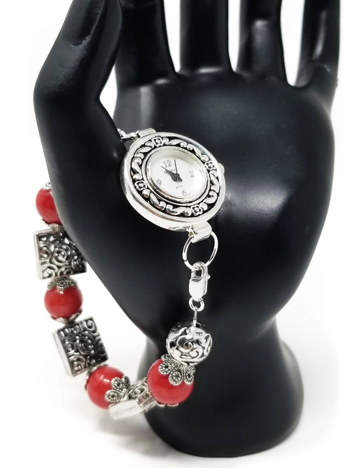 'Nyah' Red Coral Watch with Silver Tribal Accents