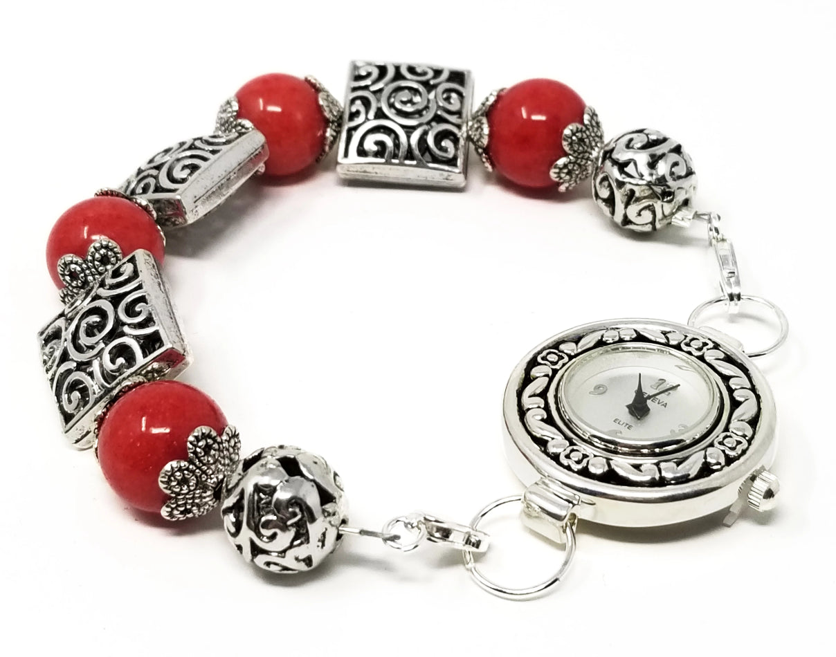 'Nyah' Red Coral Watch with Silver Tribal Accents