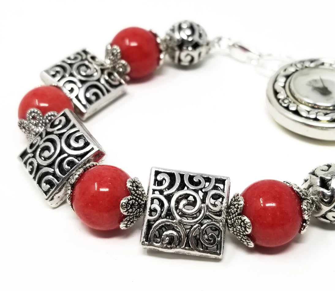 'Nyah' Red Coral Watch with Silver Tribal Accents