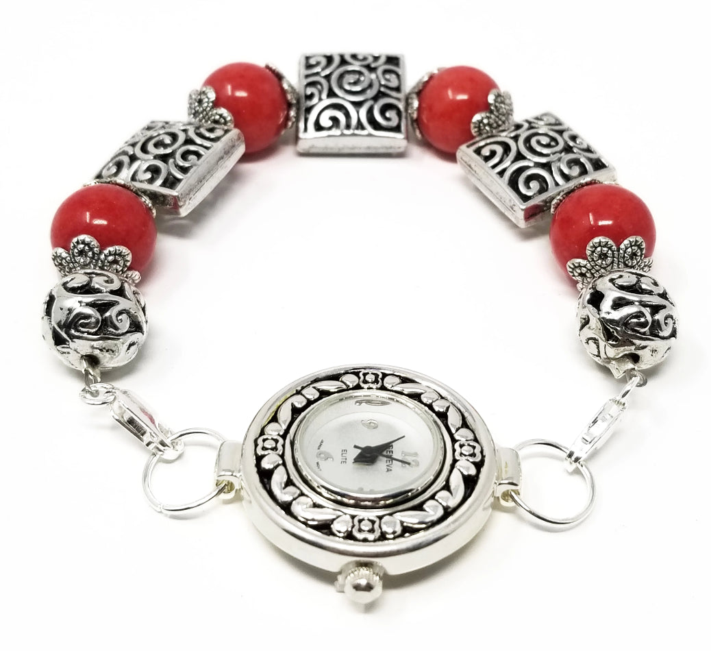 'Nyah' Red Coral Watch with Silver Tribal Accents