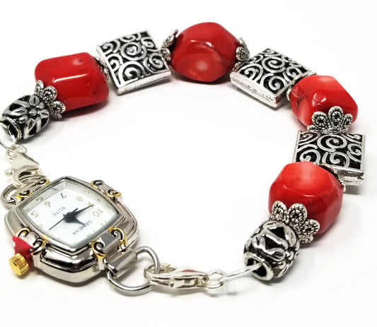 'Nailah' Red Coral Watch with Tribal Silver Accents