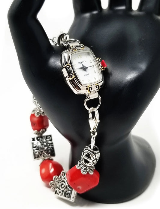 'Nailah' Red Coral Watch with Tribal Silver Accents