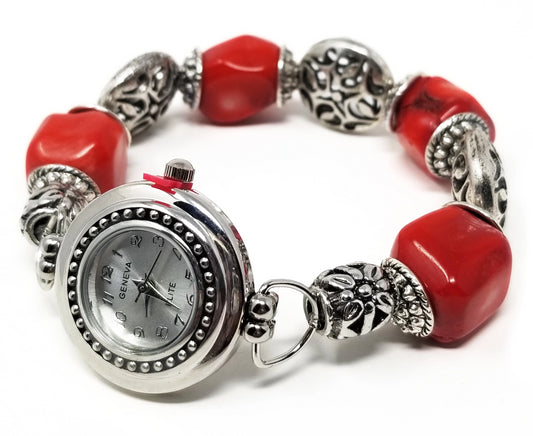 'Nala' Red Coral Watch with Silver Tribal Accents
