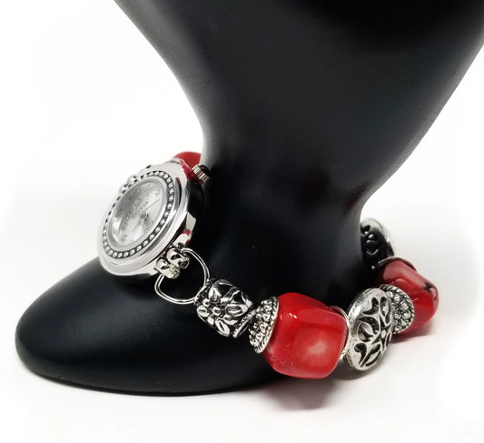 'Nala' Red Coral Watch with Silver Tribal Accents