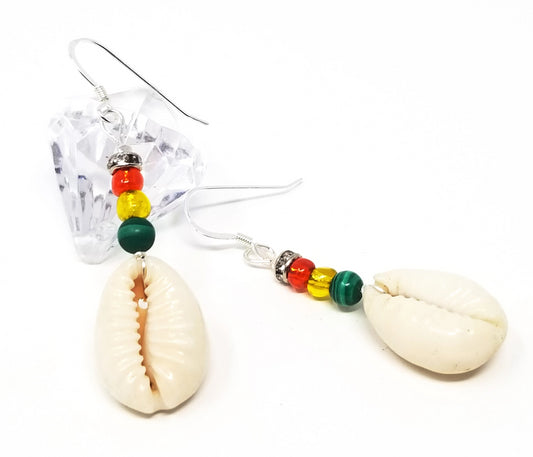 'Cedella' Cowrie Shell Earrings in Red Gold Green Malachite