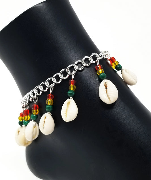 'Cedella' Cowrie Shell Chain Anklet in Red Gold Green Malachite
