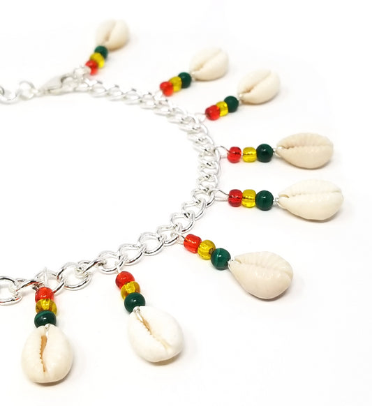 'Cedella' Cowrie Shell Chain Bracelet in Red Gold Green Malachite