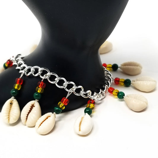 'Cedella' Cowrie Shell Chain Bracelet in Red Gold Green Malachite