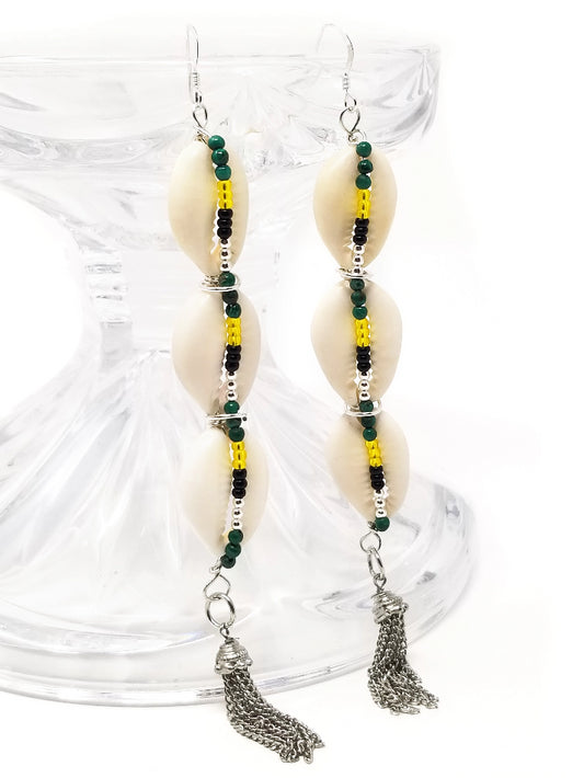 'Irie' Cowrie Shell Tassel Earrings in Silver