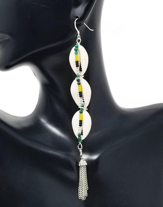 'Irie' Cowrie Shell Tassel Earrings in Silver