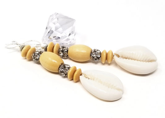 'Karalana' Crystal Cowrie Shell Earrings in Light Wood