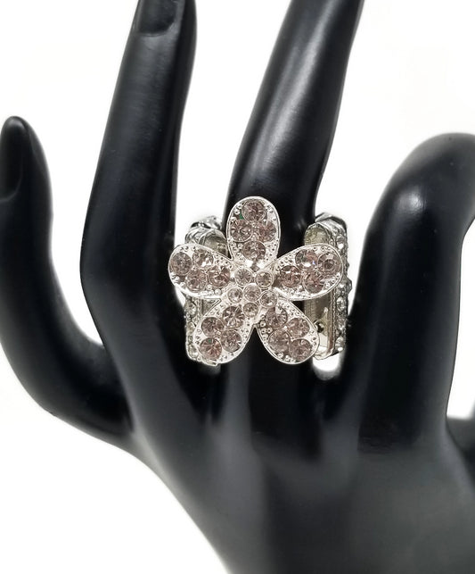 'Dalia' Crystal Flower Ring in Silver