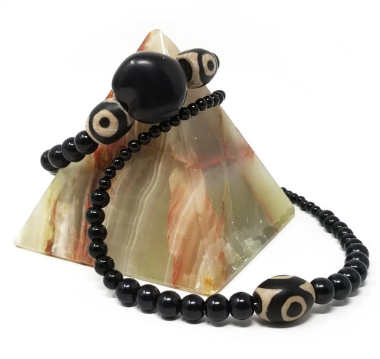'Chidi' Gemstone Tribal Agate Choker Necklace and Bracelet Set in Black Onyx